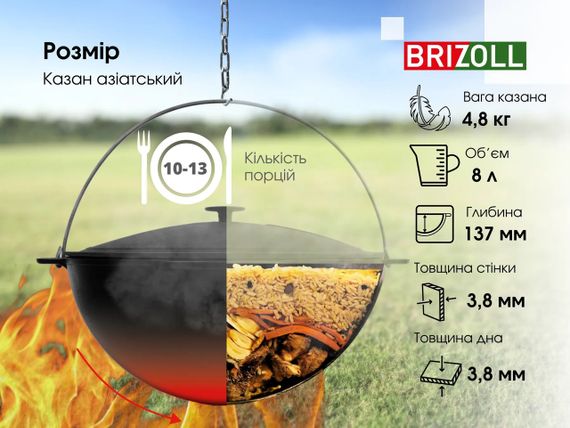 Казан чугунный азиатский с чугунной крышкой Brizoll (Бризол) 8 л (KA08-1) | Зображення 5