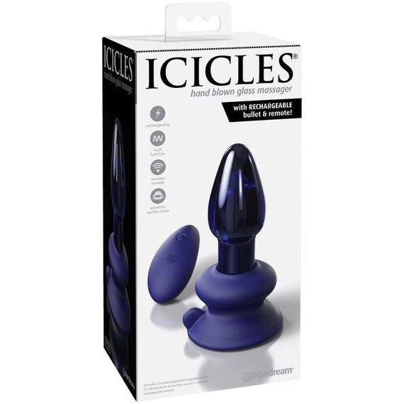 Стеклянная анальная вибропробка с пультом Pipedream Icicles синяя Sex Aura