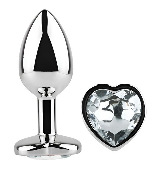 Анальна пробка EGZO Silver Heart Plug Clear M із сріблястого металу, анатомічна Sex Aura | Зображення 1