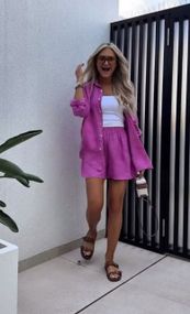 Женский летний костюм двойка шорты и рубашка лен бохо LY25026 цвет розовый, размер 42/44