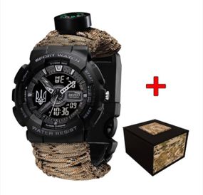 Чоловічий годинник Awarder 005 Тризуб срібло Black + Паракордовий ремінець Desert Camo 1202-0167