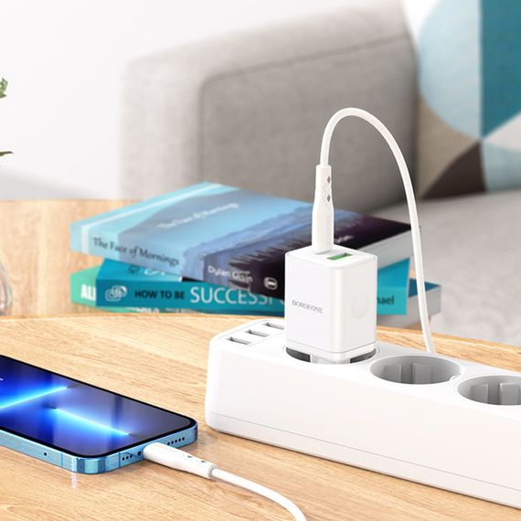МЗП Borofone BN7 PD20W+QC3.0 (1USB-A/1C) + кабель Type-C to Lightning White | Зображення 6