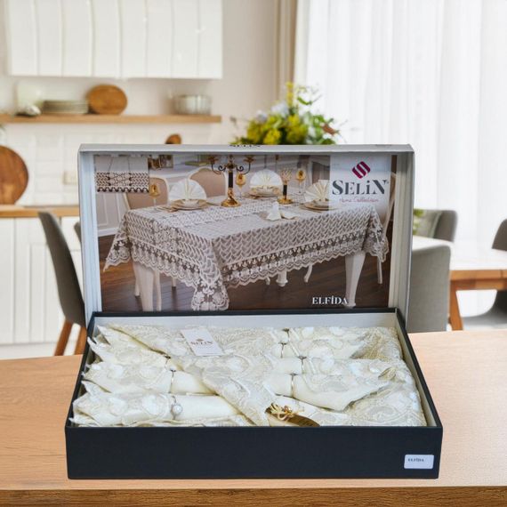 Cкатертина Selin Elfida Set 160×350+12 серветок кремова | Зображення 1
