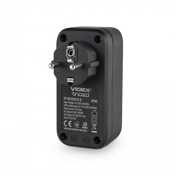 Сетевой адаптер с 2USB + USB-C и заземлением VIDEX ONCORD VF-AD1G2U1C-B Black | Зображення 4