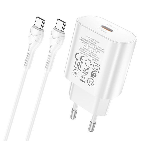 Набір СЗУ HOCO N22+кабель Type-C/Type-C, 1xUSB-C, PD25W, White
