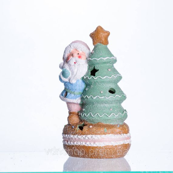 Новорічна декоративна фігурка з підсвіткою 11.5×9×20 см Новорічний декор Санта-Клаус з ялинкою з порцеляни CR-6-9