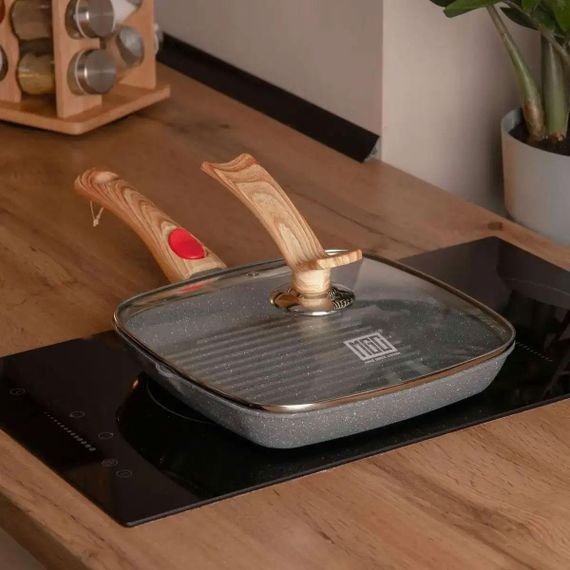 Алюмінієва сковорода-гриль 24 см зі скляною кришкою Квадрат сірий MGC HP-4-461G | Зображення 1