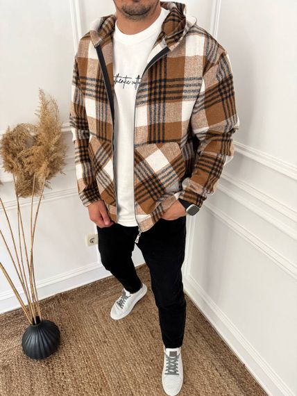 Тепла чоловіча байкова сорочка в клітку на блискавці з капюшоном розмір 52/54 колір коричневий adl1004 | Зображення 3