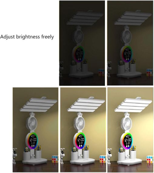 Акумуляторна LED лампа / Настільна лампа з 4 плафонами, RGB-підсвічуванням, годинником та вентилятором | Зображення 1