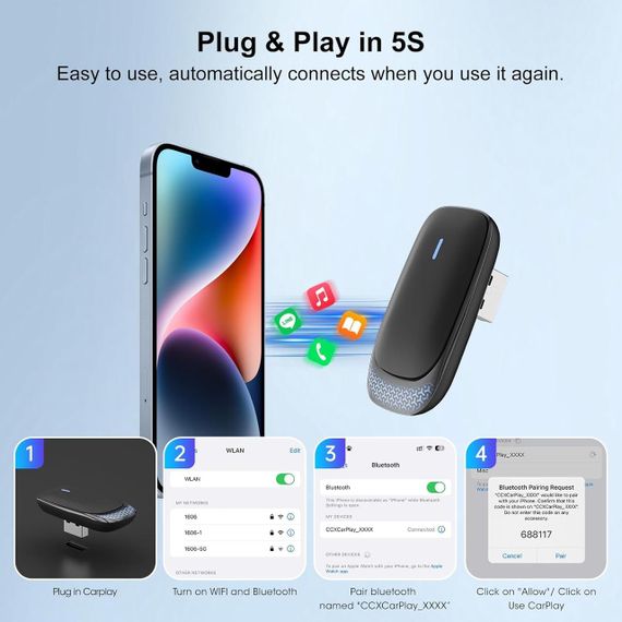 CarPlay бездротовий адаптер для iPhone iOS 10+, перехідник з дротового на бездротовий карплей для авто 2016+ з підсвіткою | Зображення 7