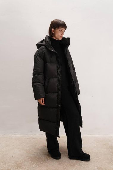 Пуховик Cloud довгий з поясом та капюшоном чорний XL | Зображення 7