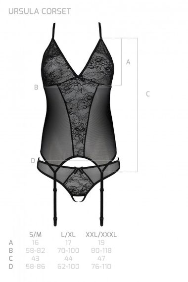 Корсет с пажами, трусики с ажурным декором и интимным вырезом Passion Ursula Corset , Черный, S, M, S/M, Маленький размер | Зображення 4
