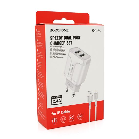 Набір BOROFONE BA37A СЗУ 2xUSB+ кабель Lighting, 2.4A, 1м, White | Зображення 1