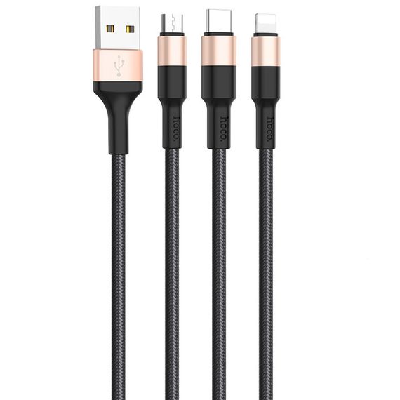 Дата кабель Hoco X26 Xpress 3in1 Lightning -MicroUSB-Type-C (1m) Чорний / Золотий | Зображення 2