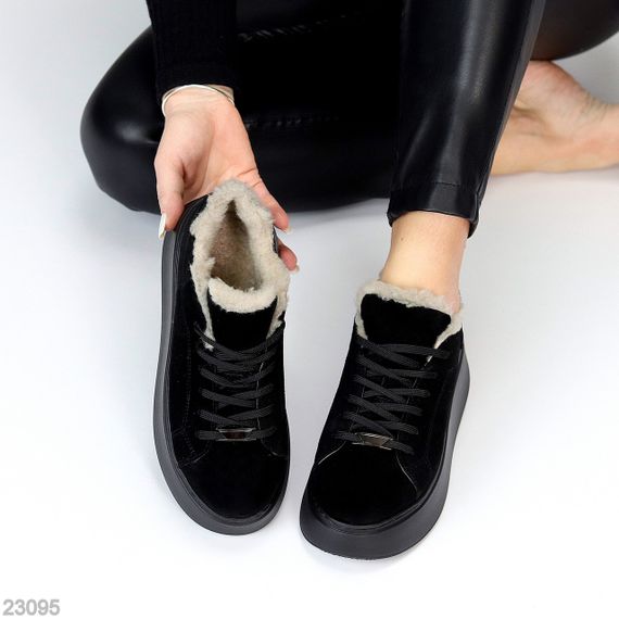 Чорні зимові прошиті кросівки натуральна замша на платформі спорт-шик | Зображення 4