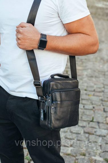 Сумка через плече з натуральної шкіри 22х24х6 / месенджер для активного чоловіка, чорний | Зображення 4