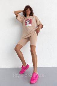 Жіночий костюм з футболкою oversize і велосипедками колір кавовий FL_000356