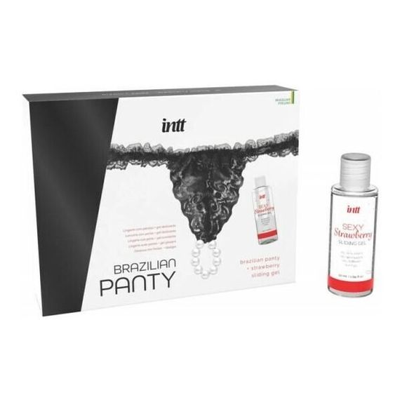 Трусики с жемчужным кольцом и клубничным лубрикантом Intt BRAZILIAN PANTY, Черный, One Size, ONE SIZE | Зображення 1