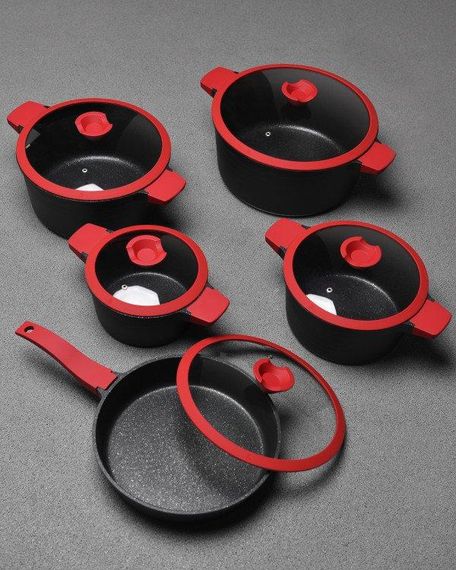 Набір каструль та сковорода індукція та газ 10 предметів скляна кришка | Зображення 4