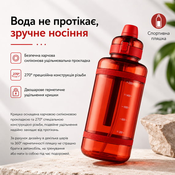 Удобная спортивная бутылка с соломинкой 2500 мл из тритана красная | Зображення 5