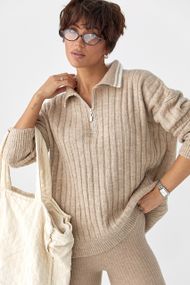 В'язана кофта-поло в широкий рубчик - бежевий цвет, ONE SIZE (є розміри)