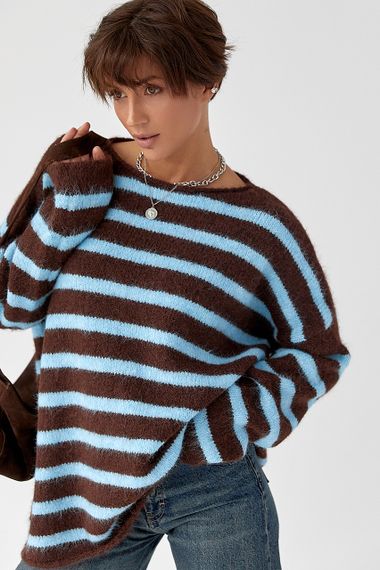 Тепла в'язана кофта oversize у смужку - коричневий цвет, ONE SIZE (є розміри) | Зображення 4