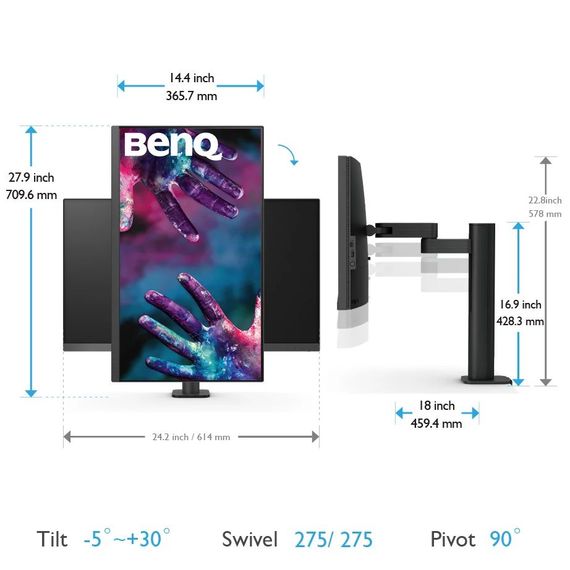 TFT 27" BenQ PD2705UA, IPS, 4K UHD, 99% sRGB, HDMI, DP, USB-C, USB-hub, HAS, колонки, темно-сірий | Зображення 3