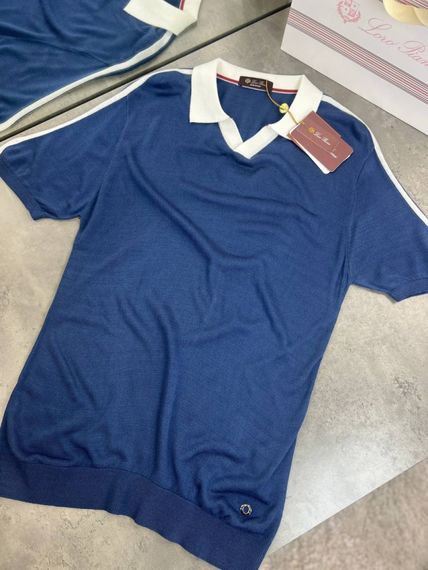 Трикотажне поло Loro Piana блакитного кольору з "V" подібним вирізом f696