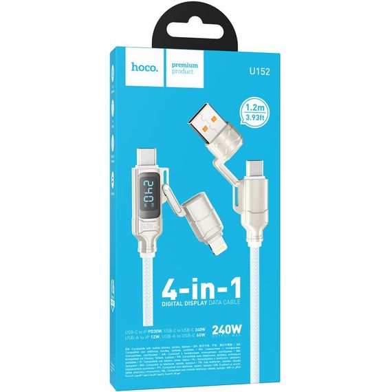 Дата кабель Hoco U152 Fortune 4in1 Type-C to Lightning/Type-C to USB 240W (1.2m) Light Gray | Зображення 1