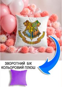Подушка плюшева Мерч Крафт Дизайн з принтом Hogwarts 2 бузковий плюш квадратна 33х33 см