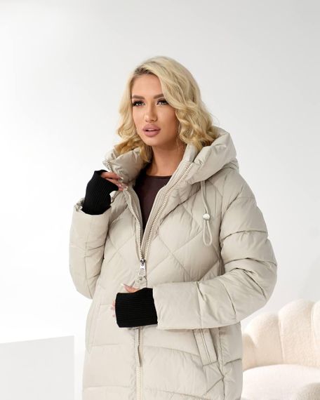 Пуховик бежевий жіночий теплий та довгий | Зображення 4