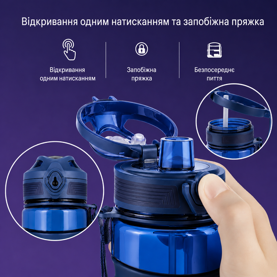 Синяя многоразовая тритановая бутылка KANGZYUAN 650 мл с антибактериальным покрытием и эргономичной формой | Зображення 4
