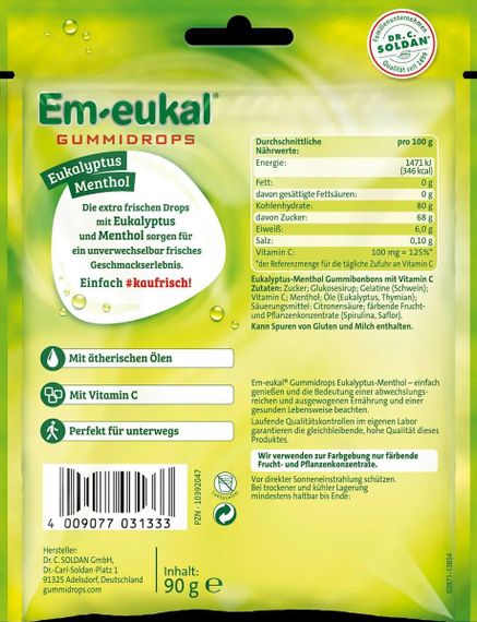 "Em-eukal Eukalyptus Menthol", dr. c. Soldan  – Льодяники з евкаліптом, ментолом і вітаміном C, 90 г., Німеччина | Зображення 1