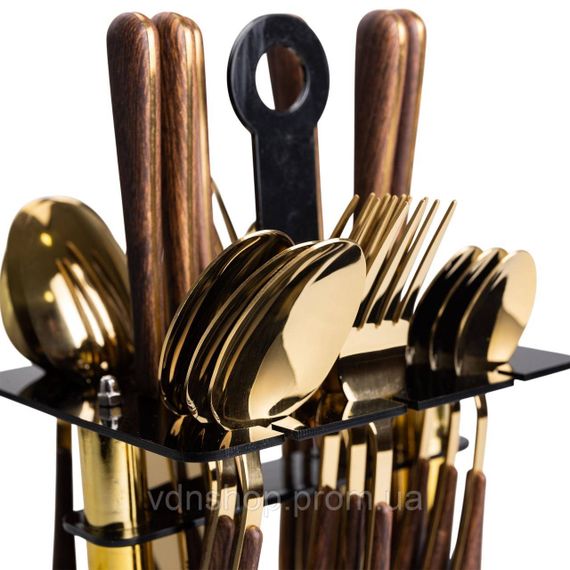 Набор столовых приборов на 6 персон с деревянными ручками на подставке столовые приборы 24 шт Золото HP-20-2 | Зображення 7