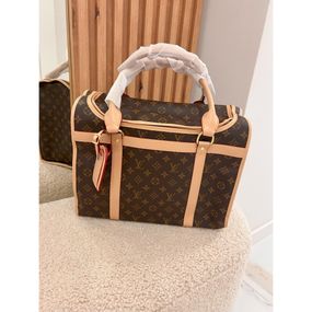 Брендовая сумка-переноска для собак и кошек Louis Vuitton с бежевыми ручками и железной сеточкой, коричневая