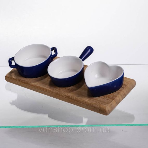 Набор менажниц фарфоровых для закусок 3 (шт) по 50 (мл) менажницы на бамбуковой подставке Синий HZ001-B | Зображення 1