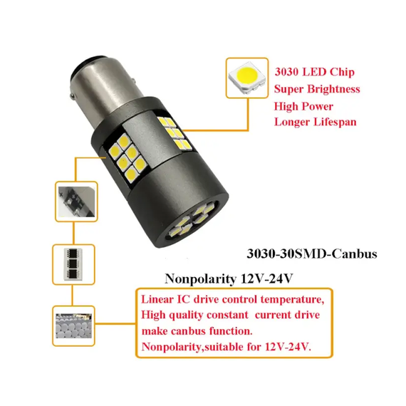 Автолампа світлодіодна P21W/1156, цоколь BA15s, 3030 x 30 smd, обманка, біполярна, біла, 12 — 24 В | Зображення 3