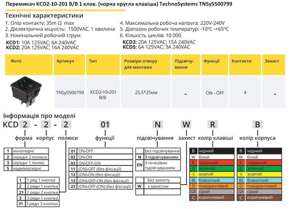 Переключатель KCD2-10-201 B/B 1 клавиша черная круглая Ny95500799 | Зображення 1