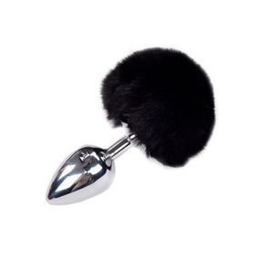Металлическая анальная пробка Кроличий хвостик Alive Fluffy Plug L Black, диаметр 3,9 см sexstyle