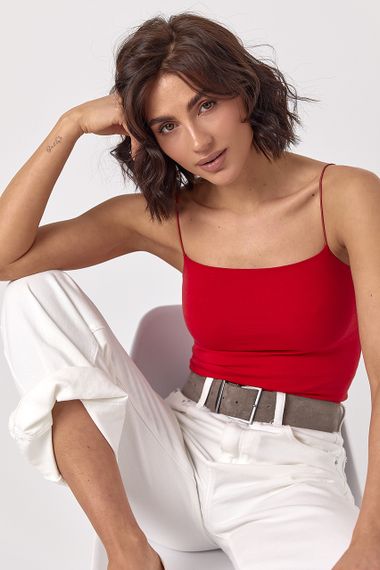 Бавовняна майка на тонких бретелях - червоний цвет, S (є розміри) | Зображення 4