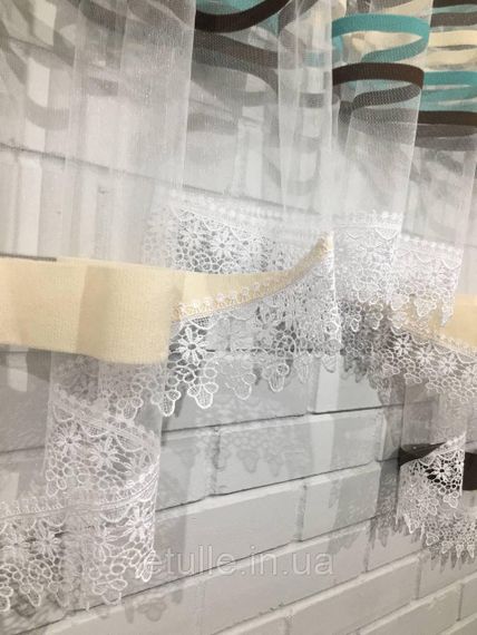 Готовая короткая пошитая арка тюль в полоску на фатине до подоконника с кружевом. Цвет бирюзовый | Зображення 9