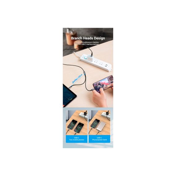 Дата кабель USB 2.0 AM to 2хUSB-C M 1.0m Y-Splitter Charging Cable 2.4А 480Mbps Aluminum Al Vention (CQOHF) | Зображення 9