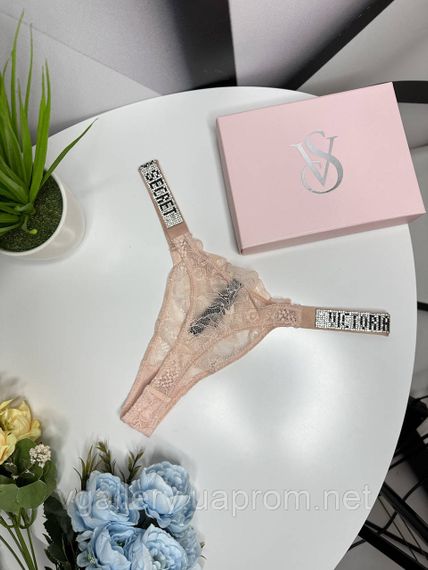 Жіночі мереживні стринги Victoria's Secret зі стразами, бікіні стринги Вікторія Сікрет M, Бежево-персиковий | Зображення 1