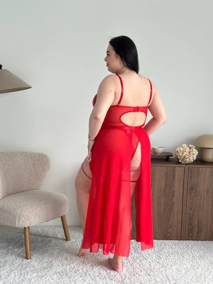 Еротичний боді PLUS SIZE зі спідничкою та шкіряними вставками на грудях червоний | Зображення 3
