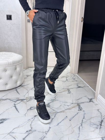 Женские теплые брюки джоггеры экокожа на меху, BU8799 цвет черный, размер 46/48