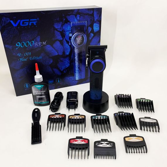 Професійна машинка для стрижки волосся VGR V-001 BLUE з дисплеєм 9000 об/хв та 10 насадками 1,5-24 мм | Зображення 1