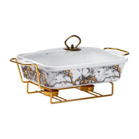 Настольная мармитница 1.5 литра мармит прямоугольный фарфоровый 35х19х11.5 см для вторых блюд Мрамор HP1032 | Зображення 1