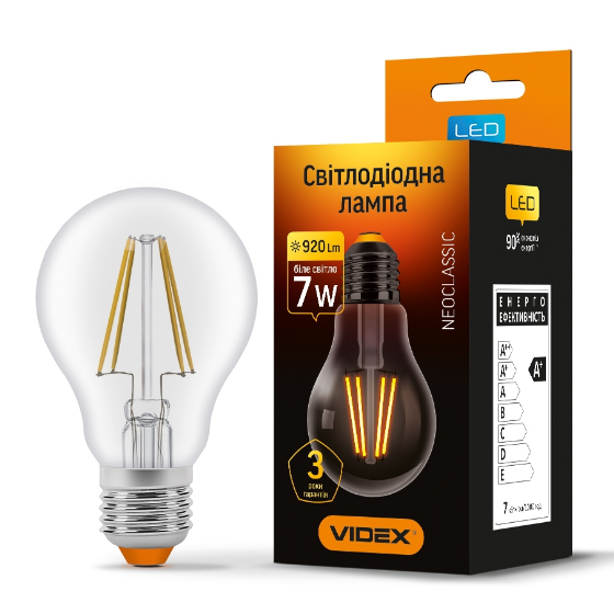 Лампа A60 7W E27 4100К 220V Filament LED Videx