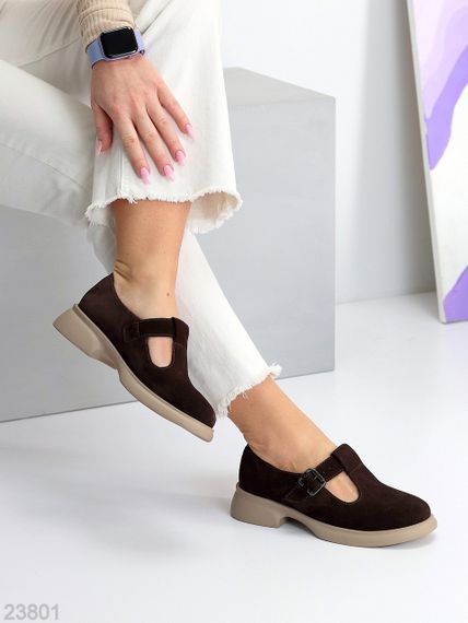 Замшеві демі туфлі на ремінці натуральна замша низький хід колір Шоколад | Зображення 2