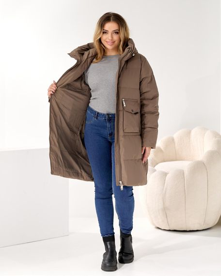 Стильний оливковий пуховик на зиму з кишенею для мобільного в великих розмірах | Зображення 6